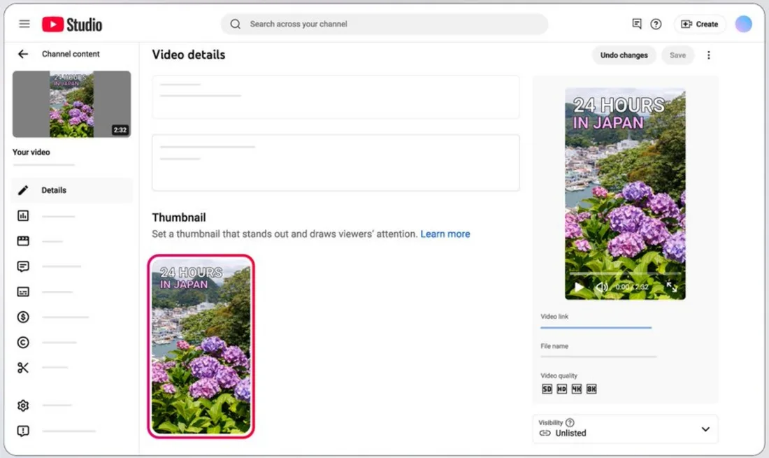 Écran de gestion de vidéo YouTube avec vignette d'hortensias.