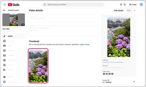 Écran de gestion de vidéo YouTube avec vignette d'hortensias.