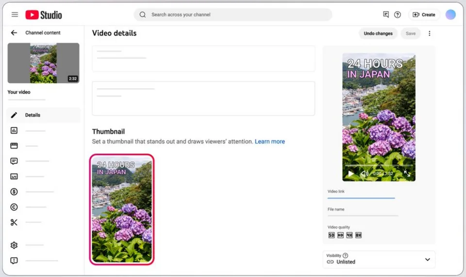 Écran de gestion de vidéo YouTube avec vignette d'hortensias.