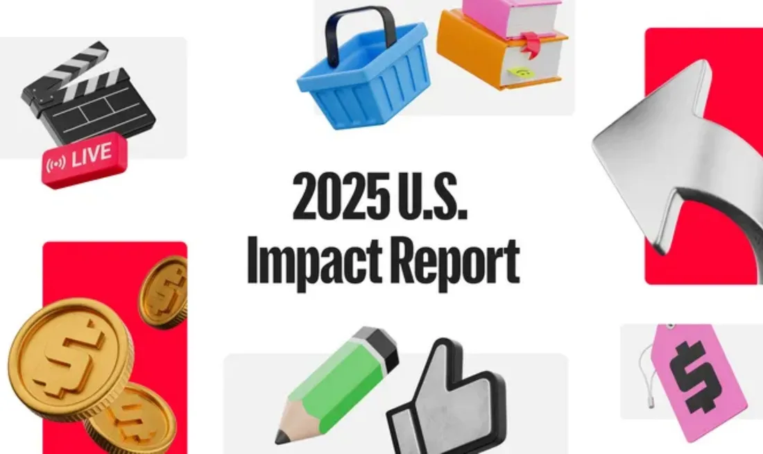 Rapport d'impact 2025 USA avec icônes variées autour du texte.