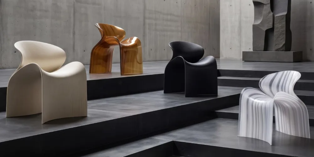 Quatre chaises modernes de différentes couleurs dans un espace minimaliste.