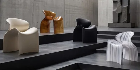 Quatre chaises modernes de différentes couleurs dans un espace minimaliste.